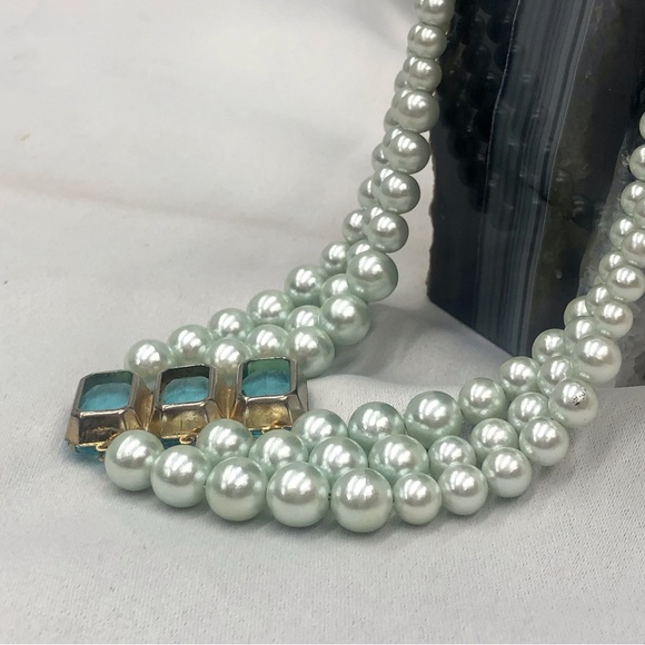 Vintage Faux Pearl Blue Glass 3 Strand Necklace - Picture 8 of 16